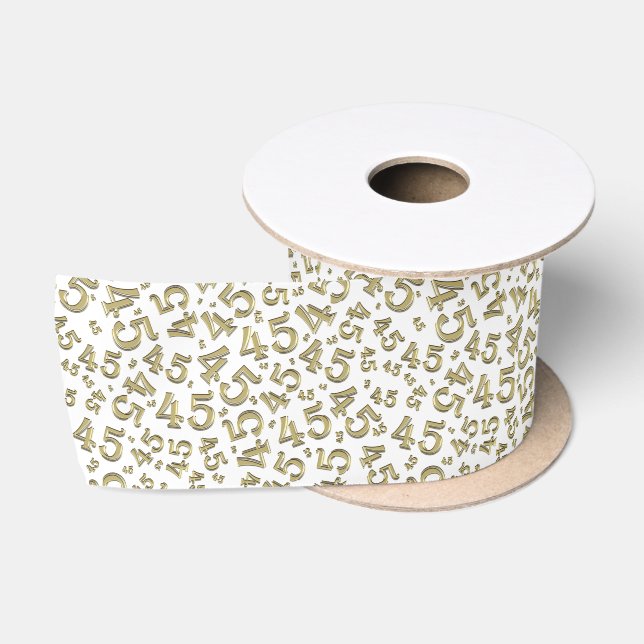 Modern 45th Birthday Number Pattern Gold/White Satin Ribbon (Spool)