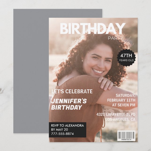 Modern 47th birthday invitations Stylish Magazine (Front/Back)
