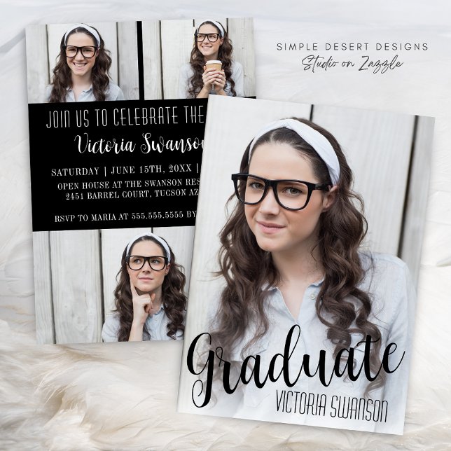 Modern 4 Photo Black and White Graduation Invitation (Modern Black and White Signature Graduation Announcement with Photo Collage & Elegant Script)