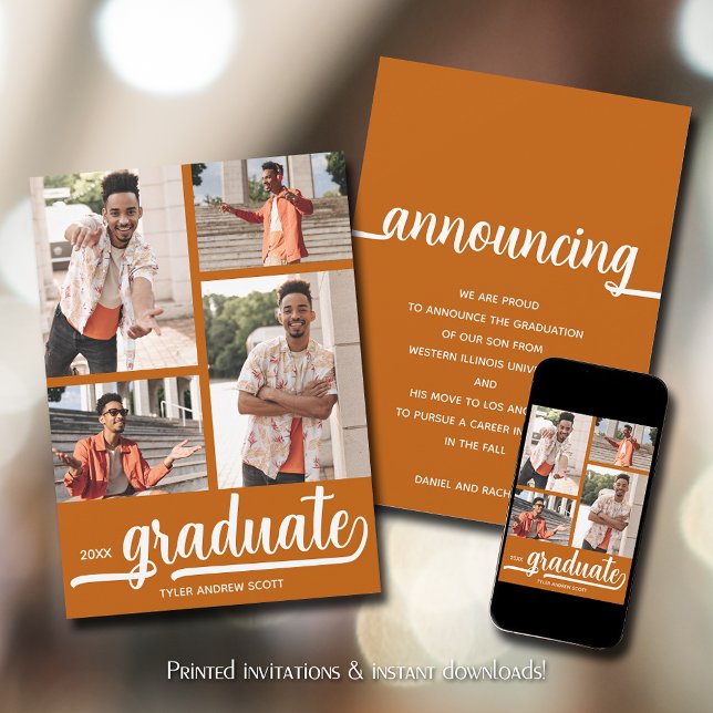 Modern 4 Photo Burnt Orange Graduation Announcement (Modern 4 photo collage burnt orange graduation announcements)
