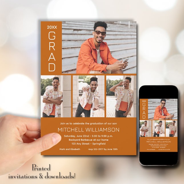 Modern 4 Photo Burnt Orange Graduation Invitation (Modern 4 Photo Burnt Orange Graduation Invitations)