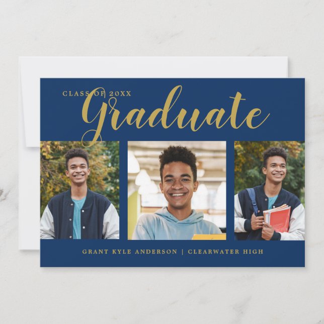 Modern 4 Photo Collage Blue Gold Graduation  Announcement (Front)