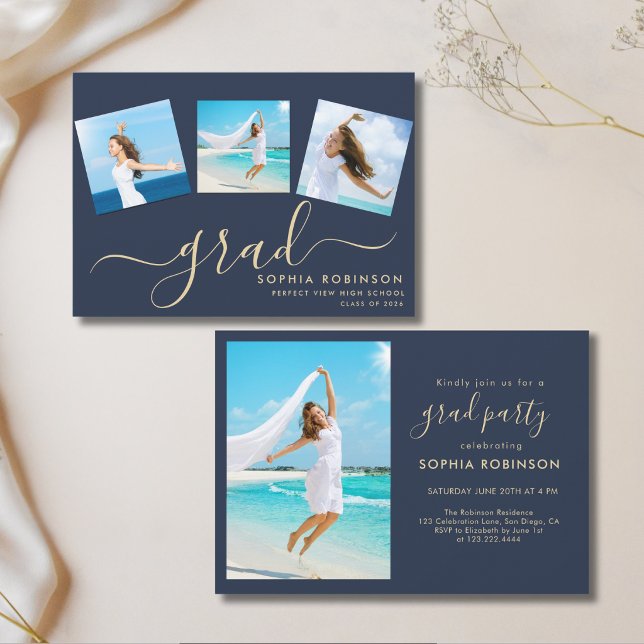 Modern 4 Photo Collage Blue Graduation Party Invitation (Creator Uploaded)
