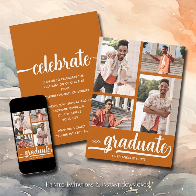 Modern 4 Photo Collage Burnt Orange Graduation Invitation (Modern 4 photo collage burnt orange graduation party invitations)