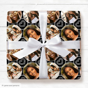 Modern 4 Photo Collage Circle Heart Pattern Black Wrapping Paper