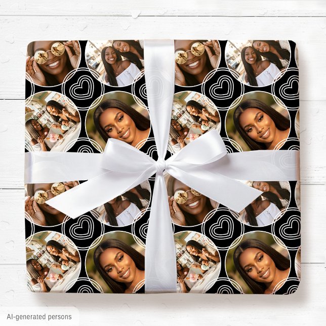 Modern 4 Photo Collage Circle Heart Pattern Black Wrapping Paper (Creator Uploaded)