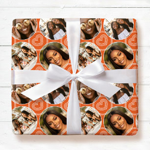 Modern 4 Photo Collage Circle Heart Pattern Orange Wrapping Paper