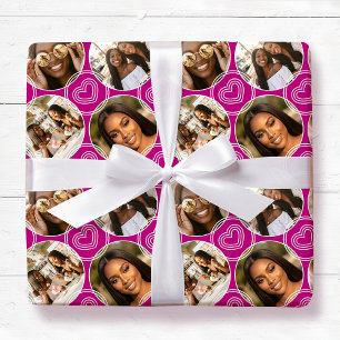Modern 4 Photo Collage Circle Heart Pattern Pink Wrapping Paper