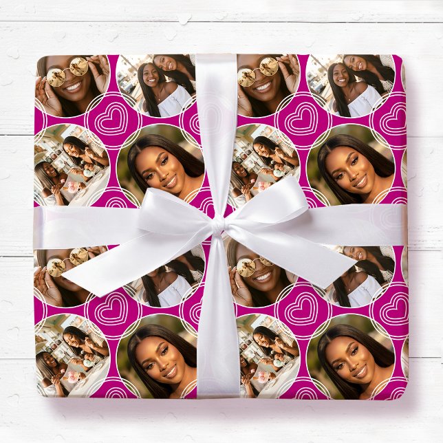 Modern 4 Photo Collage Circle Heart Pattern Pink Wrapping Paper (Creator Uploaded)