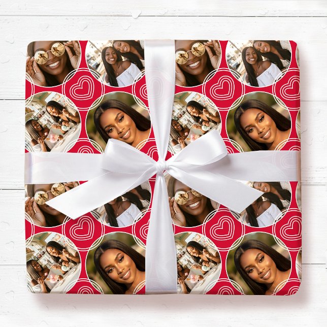 Modern 4 Photo Collage Circle Heart Pattern Red Wrapping Paper (Creator Uploaded)