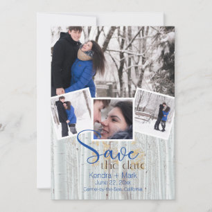Modern 4 Photo Collage Cobalt Birch Save the Date Invitation
