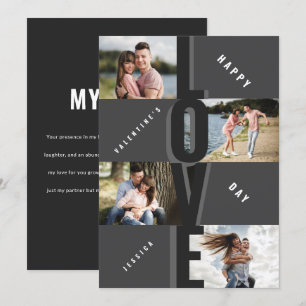 Modern 4 Photo Collage Couple Black Valentines Day Holiday Card