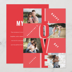 Modern 4 Photo Collage Couple Red Valentine's Day Holiday Card