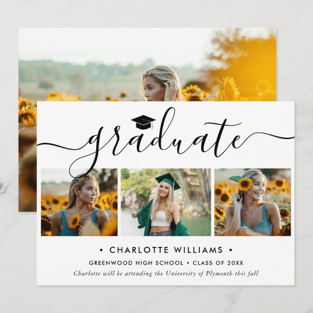 Modern 4 Photo Collage Elegant Script Graduation Announcement (Front/Back)