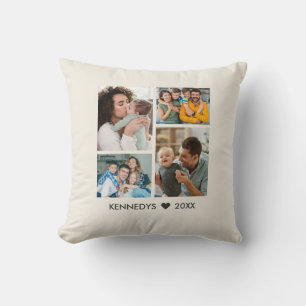 Modern 4 Photo Collage Family Name Keepsake Cream Cushion