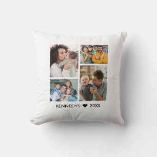 Modern 4 Photo Collage Family Name Keepsake White Cushion