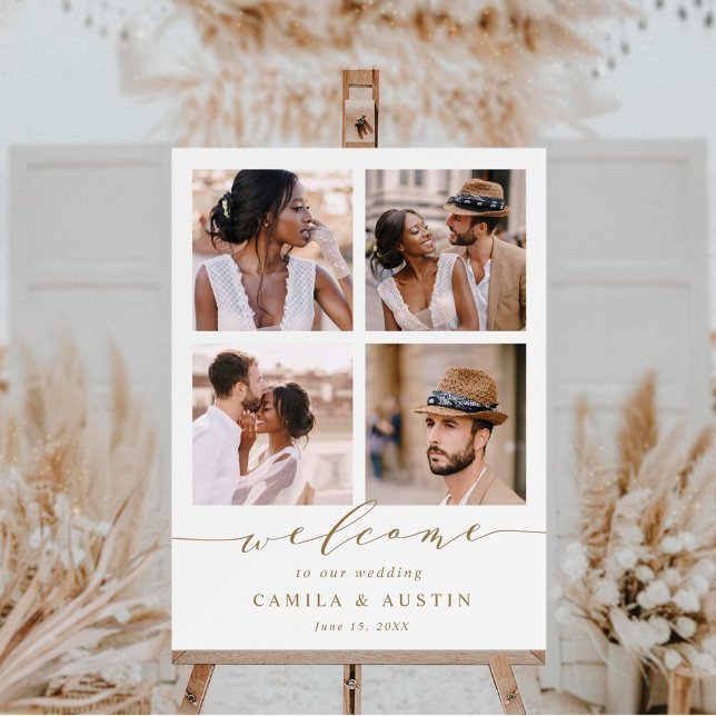 Modern 4 Photo Collage Gold Wedding Welcome Sign (Creator Uploaded)