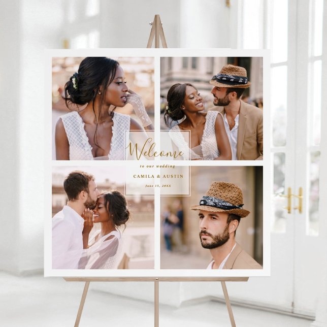 Modern 4 Photo Collage Gold Wedding Welcome Square Poster (Creator Uploaded)