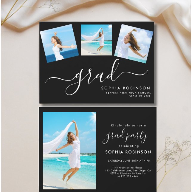 Modern 4 Photo Collage Graduation Party Black Invitation (Creator Uploaded)