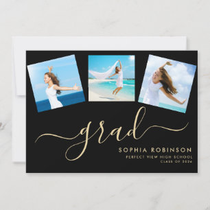 Modern 4 Photo Collage Graduation Party Gold Black Invitation