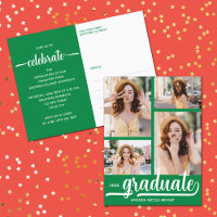 Modern 4 Photo Collage Green Graduate Invitation