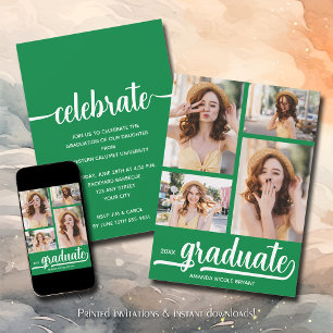 Modern 4 Photo Collage Green Graduation Invitation