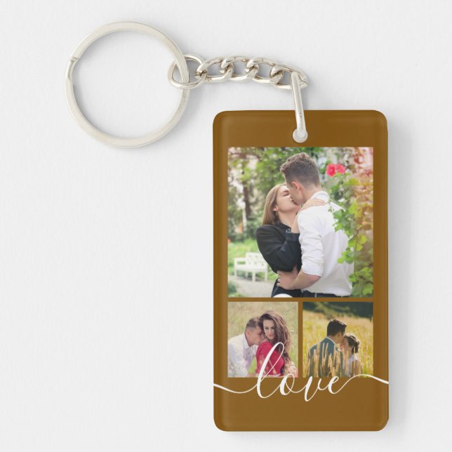 Modern 4 Photo Collage Love Script Keepsake Key Ring (Front)
