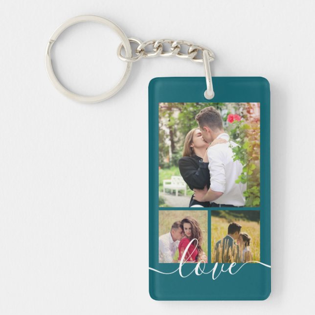 Modern 4 Photo Collage Love Script Keepsake Key Ring (Front)