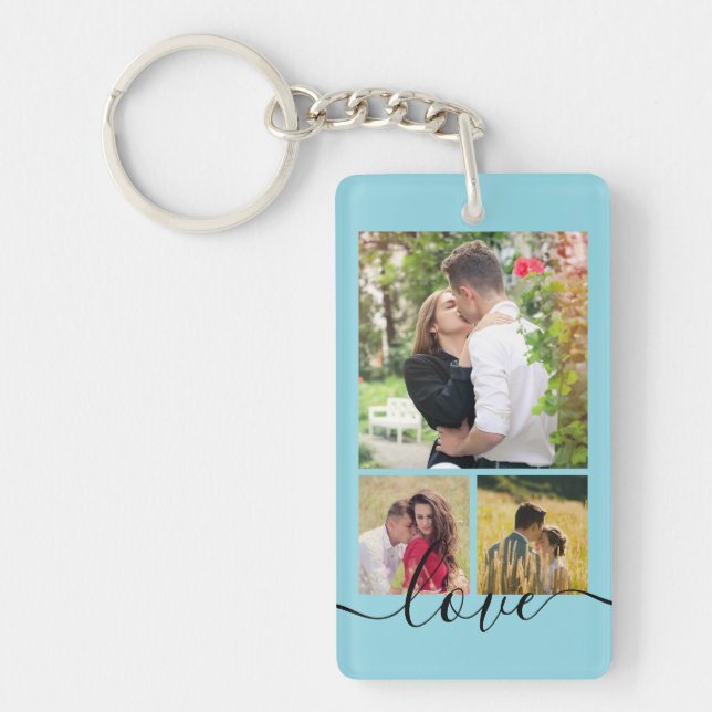 Modern 4 Photo Collage Love Script Keepsake Key Ring (Front)