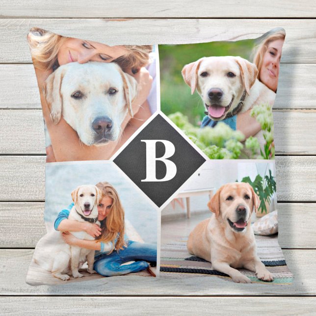 Modern 4 Photo Collage Monogram Pet Dog Lover Cushion (Creator Uploaded)