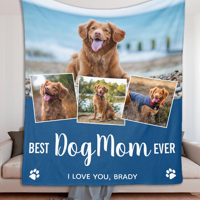 Modern 4 Photo Collage Personalised Dog Mum Pet Fleece Blanket (Creator Uploaded)