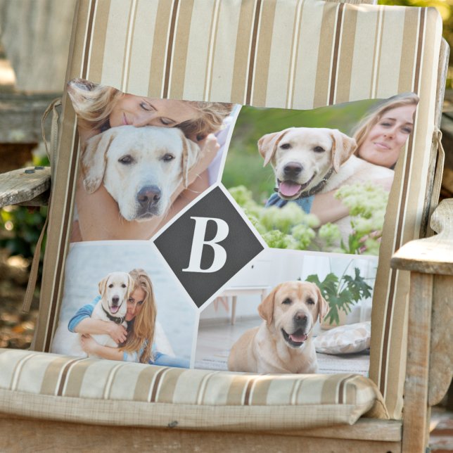 Modern 4 Photo Collage Personalised Monogram Dog Cushion (Creator Uploaded)