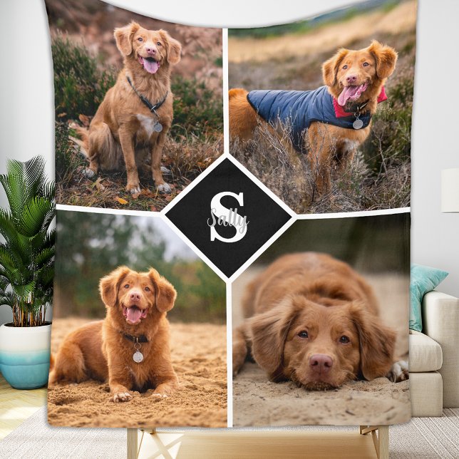 Modern 4 Photo Collage Personalised Pet Dog Fleece Blanket (Creator Uploaded)