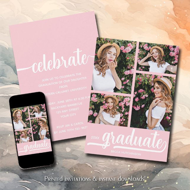 Modern 4 Photo Collage Pink Graduation Invitation (Modern 4 photo collage pink graduation party invitations)