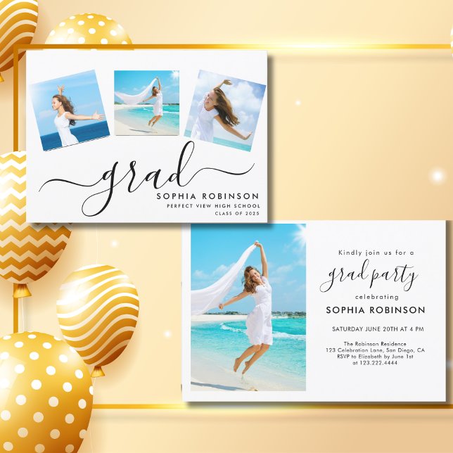 Modern 4 Photo Collage Script Graduation Party Invitation (Creator Uploaded)
