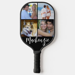 Modern 4 Photo Collage Script Name Custom Colour Pickleball Paddle