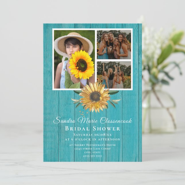 Modern 4 Photo Collage Sunflower Bridal Shower  Announcement (Standing Front)