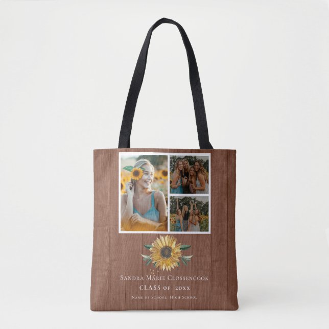 Modern 4 Photo Collage Sunflower graduation Tote Bag (Front)