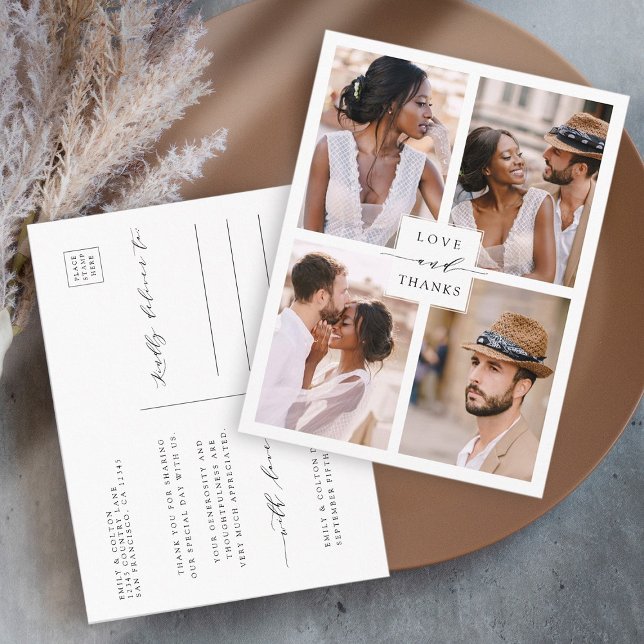 Modern 4 Photo Collage Wedding Thank You Postcard (Front & Back)