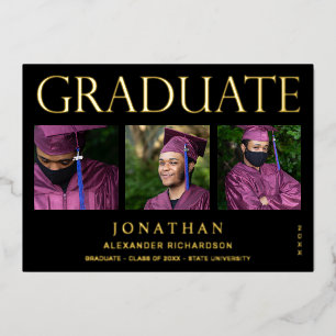 Modern 4 Photo Foil Graduation Announcement Black