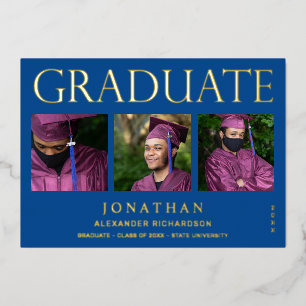 Modern 4 Photo Foil Graduation Announcement Blue
