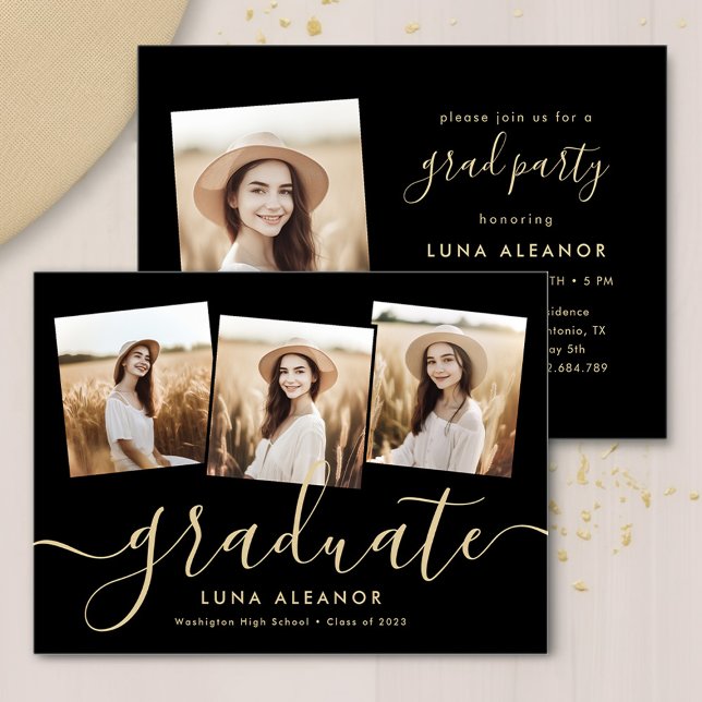 Modern 4 Photo Graduation Collage Black And Gold Invitation (Creator Uploaded)