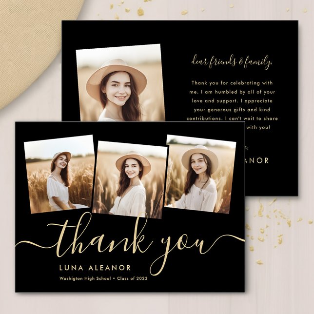 Modern 4 Photo Graduation Collage Black And Gold Thank You Card (Creator Uploaded)