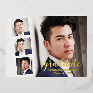Modern 4 Photo Graduation Foil Invitation Postcard