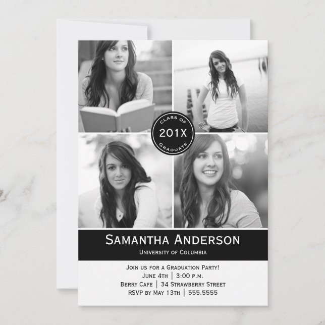 Modern 4 Photo Graduation Invitation - Black (Front)