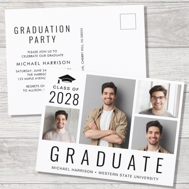 Modern 4 Photo Graduation Party Invitation Postcard