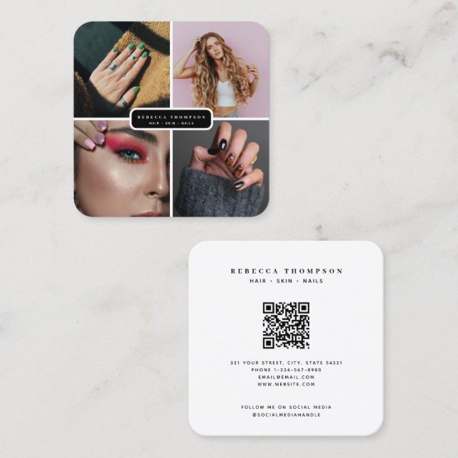 Modern 4 Photo Hair Skin Nail Salon QR Code Square Business Card (Front/Back)