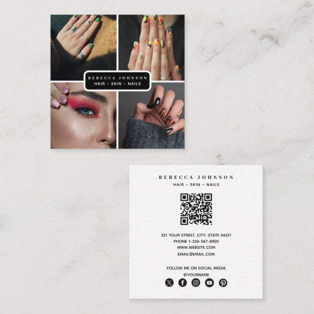 Modern 4 Photo Hair Skin Nail Salon QR Code Square Business Card (Front/Back)