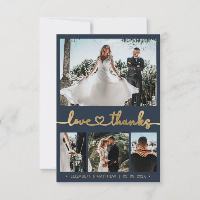 Modern 4 Photo Heart Script Navy Wedding Thank You Card (Front)