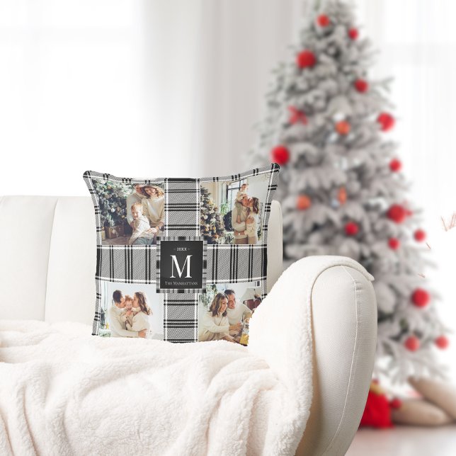  Modern 4 Photo Memories Black White Plaid Holiday Cushion (Creator Uploaded)